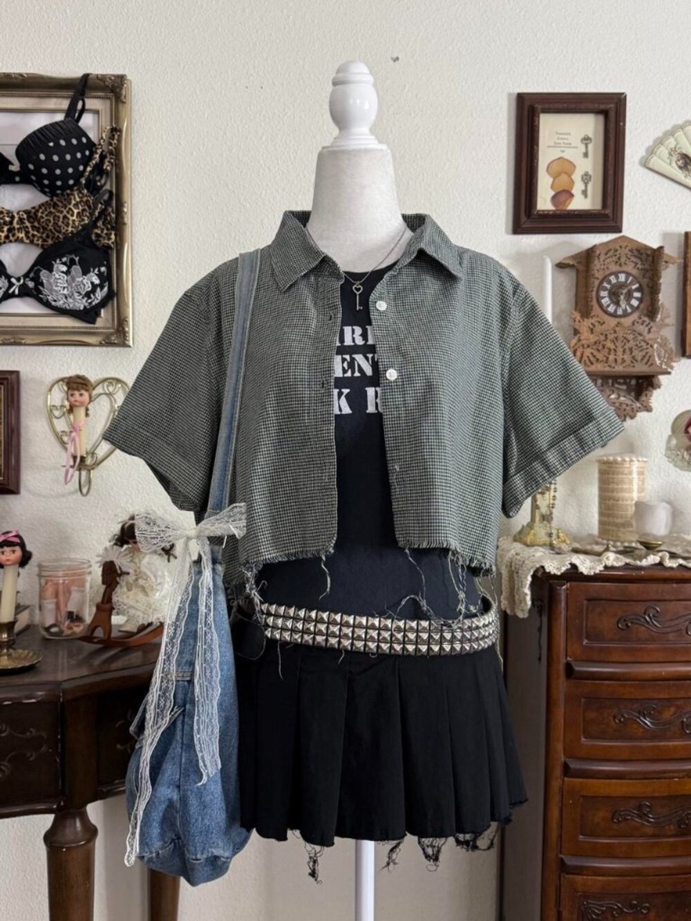 Indie sleaze grunge green plaid distressed cropped shirt